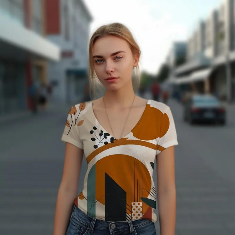 

2023 New Women's Summer Loose Casual V-neck T-shirt Fashion Temperament 3D Printing T-shirt Street Popular V-neck T-shirt