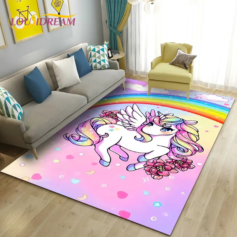 3D Cartoon Cute Unicorn Area Rug,Carpet Rug for Living Room Bedroom Sofa Doormat Kitchen Decoration,Kid Play Non-slip Floor Mat