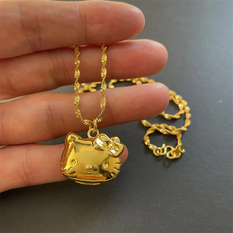 24K Hello Kitty Gold Necklace Cute Sanrioed Kt Cat Pendant Water Ripple Necklace Necklace for Girls Birthday Gift