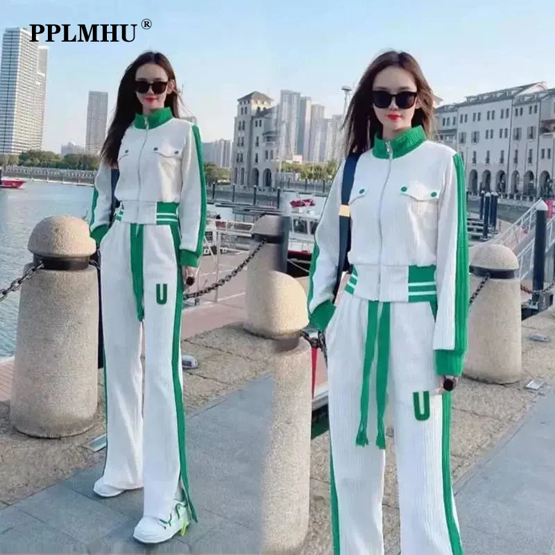 Streetwear Trendy Tracksuit Two Piece Set Women Outfits Korean Long Sleeve Zip Up Crop Jacket + Fashion Loose Wide Leg Pant Suit