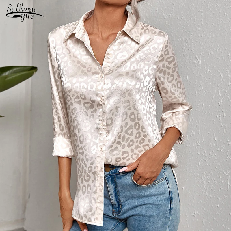

2022 Spring Leopard Print Jacquard Blouse Fashion Tops Temperament Commuter Long Sleeve White Shirt Casual Button Clothes 19169
