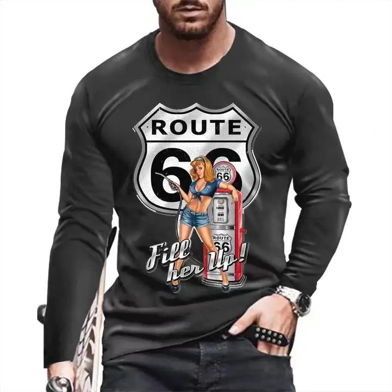 Купи Cotton T-shirt Fashion 66 Letter Winter Men's T-Shirt 3D Print Long Sleeve Shirt Round Neck Casual Street T-shirt Oversize Appar за 744 рублей в магазине AliExpress