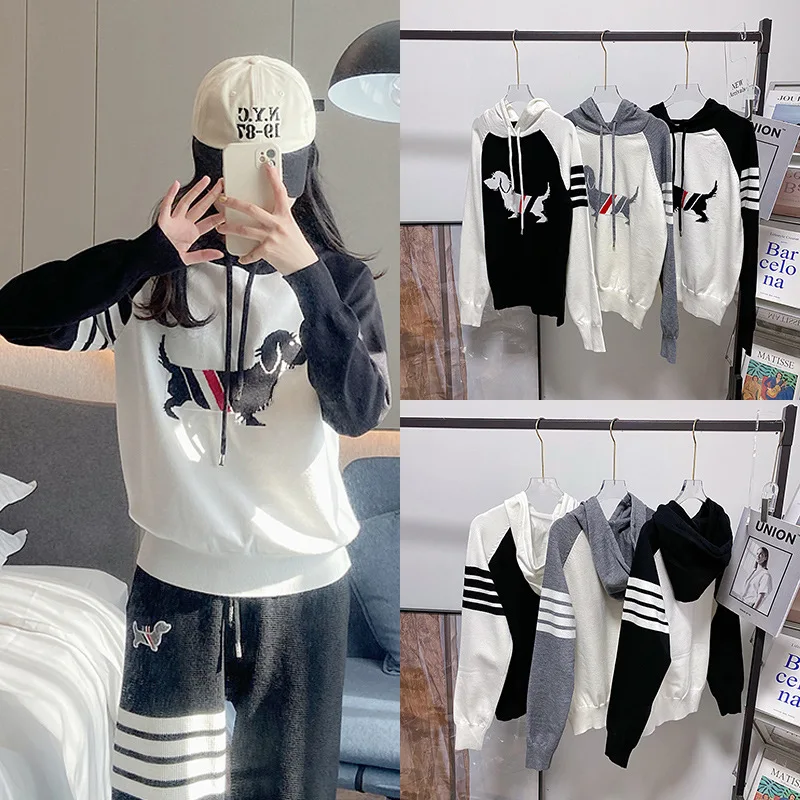 

High Quality Korean Style Spring New TB Academy Dog Jacquard Hoodie Drawcord Long Sleeve Pullover T-Shirt Underlay Sweater Tide