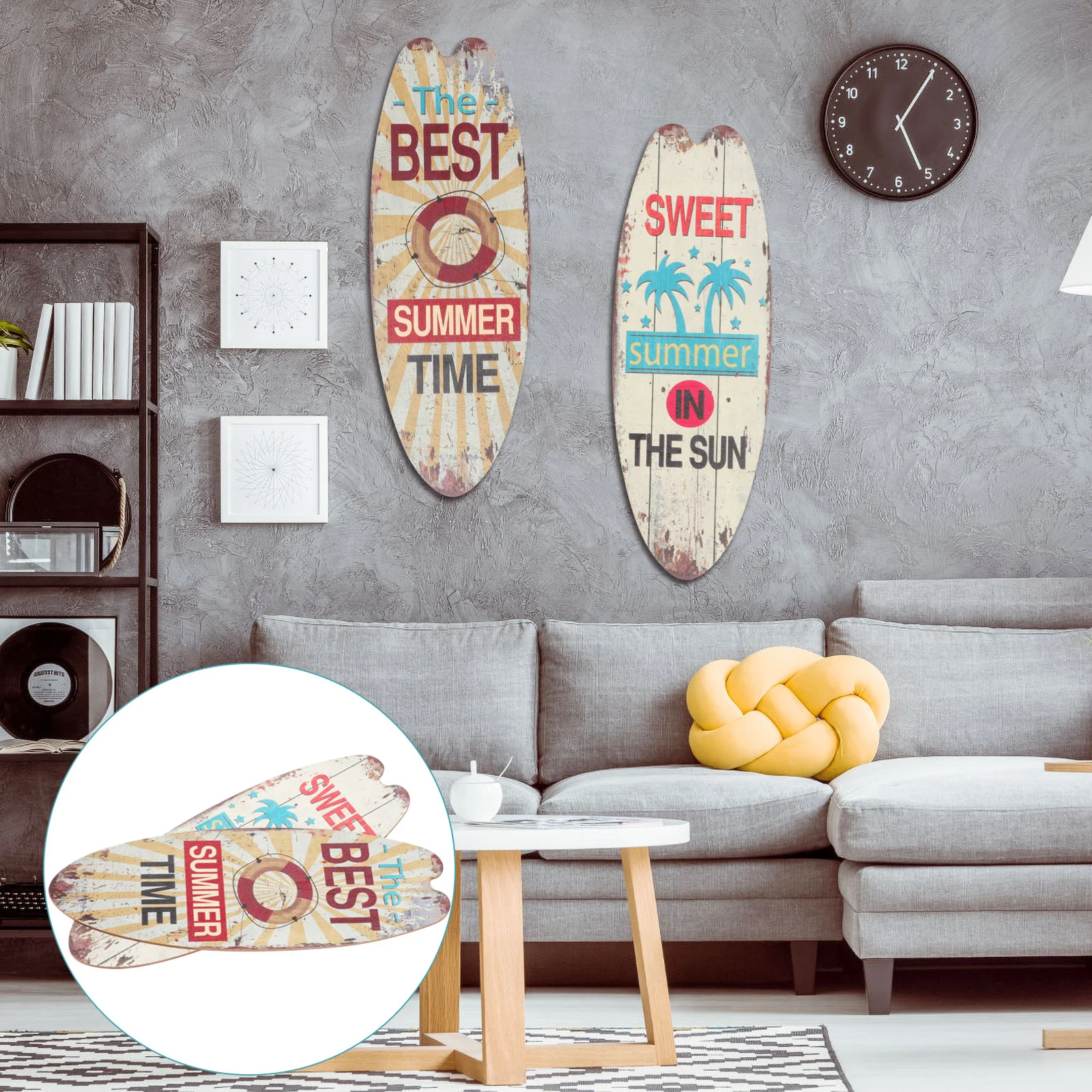

2 Pcs Hanging Surfboard Plaque Indoor Decoration Retro Coffee Shop Wood Wooden Sign Pool Decorations Outdoor Beach Vacation