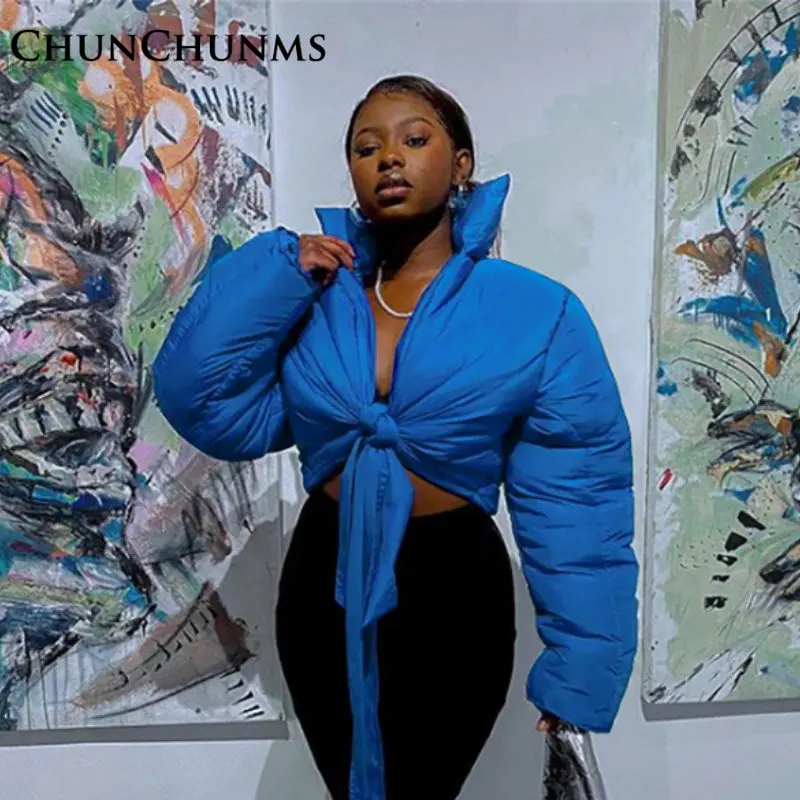 

Women Lace Up Cotton Padded Puffer Jacket Stand Collar Long Sleeve Warm Slim Parka Winter Clothes Outdoor Down Coats 2022 Street