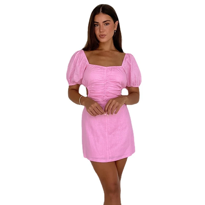 

2023 New Pink Sexy Spicy Girl Bubble Sleeves Wrapped Waist Open Back Bust Short Dress Women