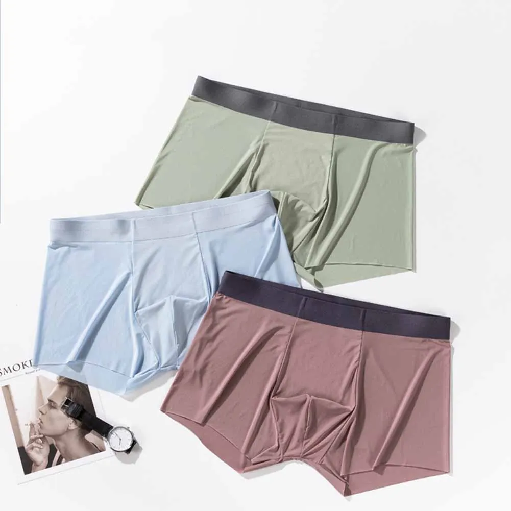 

Sexy Men Ice Silk Boxer Trunks Soft Seamless Underwear Male Breathable Underpants Bulge Pouch Panties Solid Knickers Soft Panty