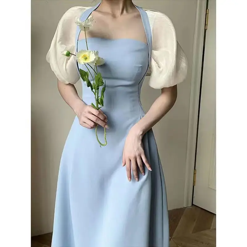 

2022 New Spring And Summer Retro Design Temperament Square Neck Short Sleeve Simple Light Luxury Slim Fit Belly Cover Dress