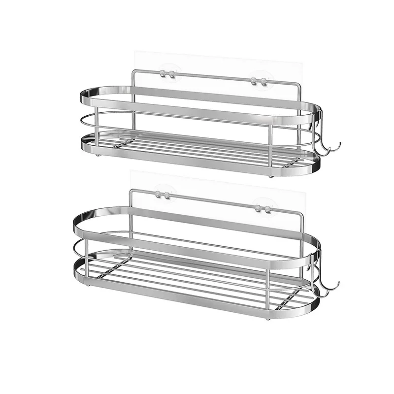 

2Pcs/set Bathroom Shelf Organizer Shower Caddy Kitchen Storage Rack Wall Mounted No Drilling Stainless Steel Basket Hook