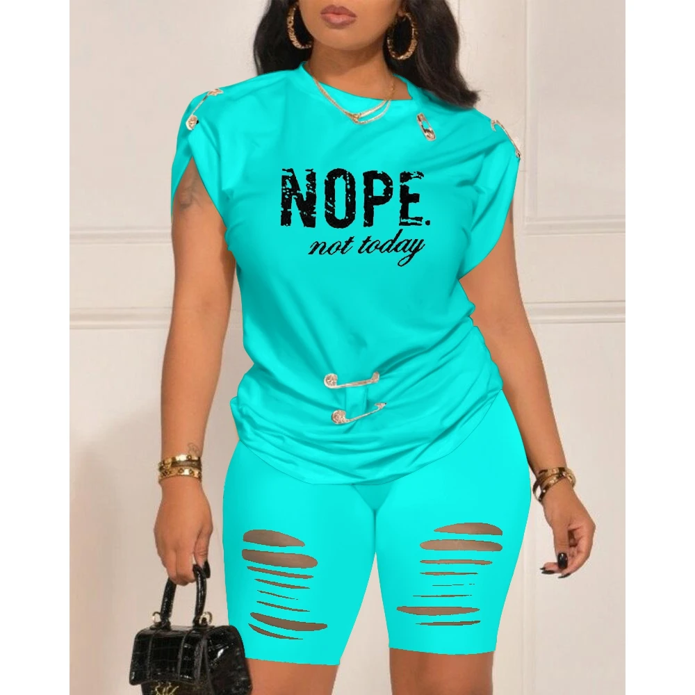 Women Casual Nope Letter Print Pins Design T-shirts & Cutout Deisgn Shorts Set Summer Female 2 Piece Suit Set Outfits Clothing