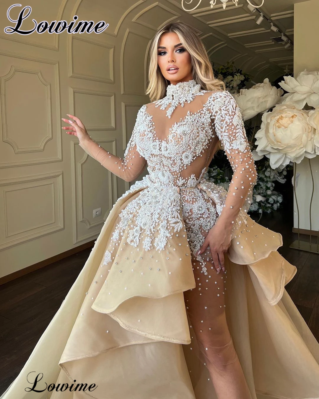 

Luxury Beaded Lace Evening Dresses With Detachable Train Pearls Long Sleeves Formal Occasion Dresses Robes De Soirée Party Gowns