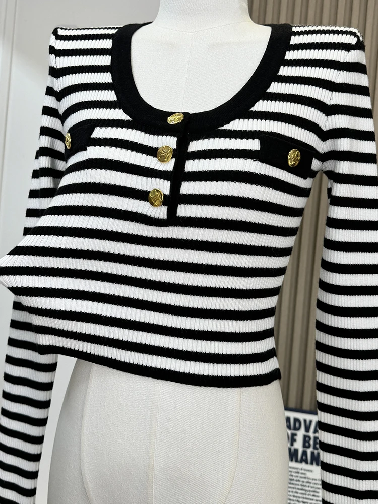 Зимний женский полосатый винтажный тонкий трикотаж с длинным рукавом