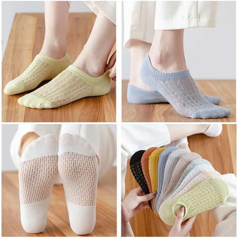5pair /Lot Women Invisible Socks Mujer Non-slip Socks Chaussette Ankle Low Female Cotton Boat No Show Socks Breathable Net Socks
