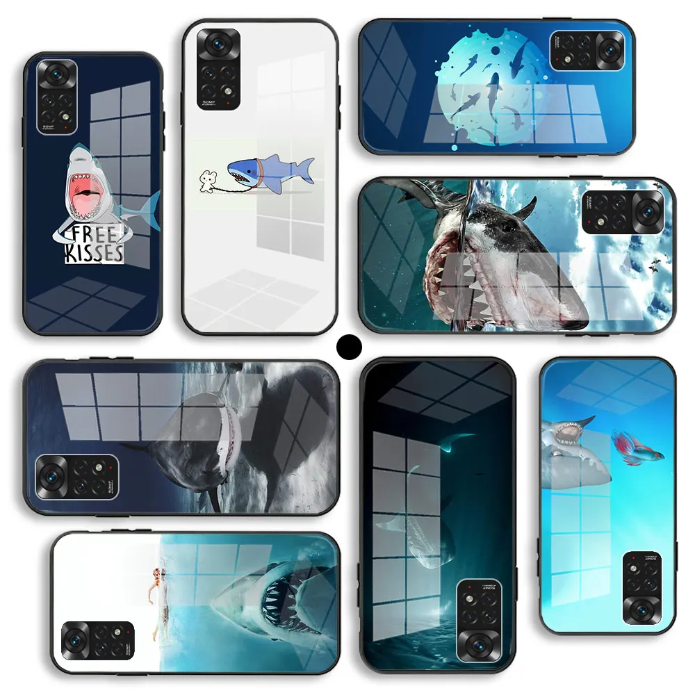 Black Glass Case For Xiaomi Redmi 10 9 8 7 9a 8a 7a Shell Capa Liquid Silicone Soft Cover ocean Whale Sharks fish
