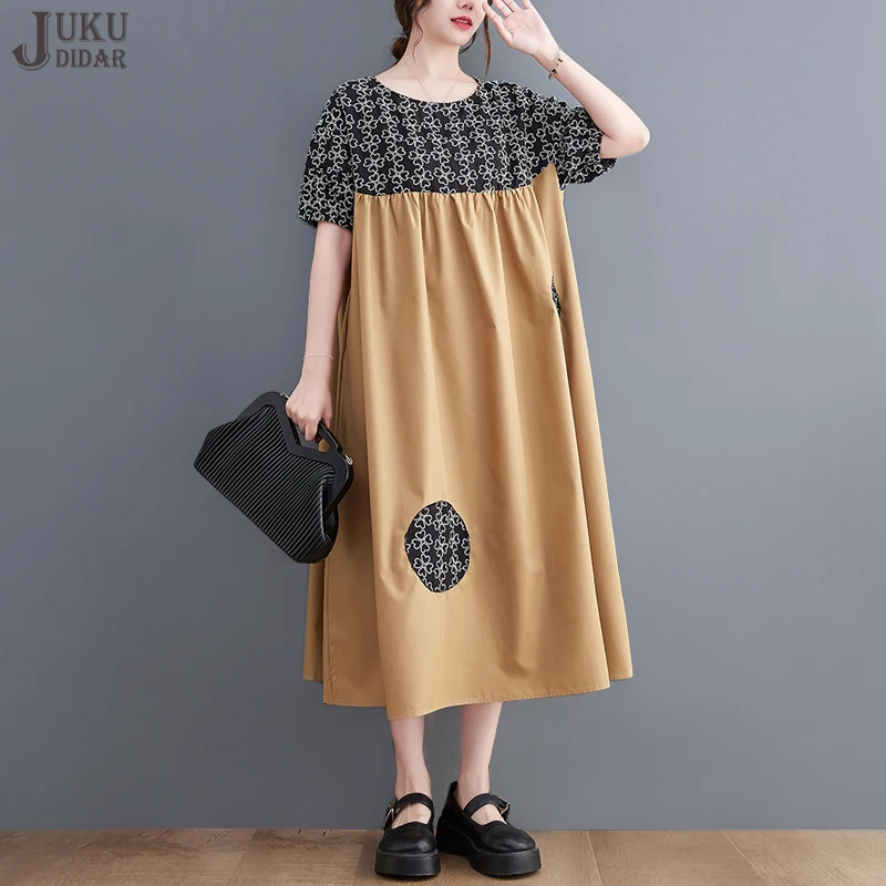 

Женское свободное платье в горошек, повседневное черное платье цвета хаки в Корейском стиле с короткими рукавами, модель JJXD379 большого разм...