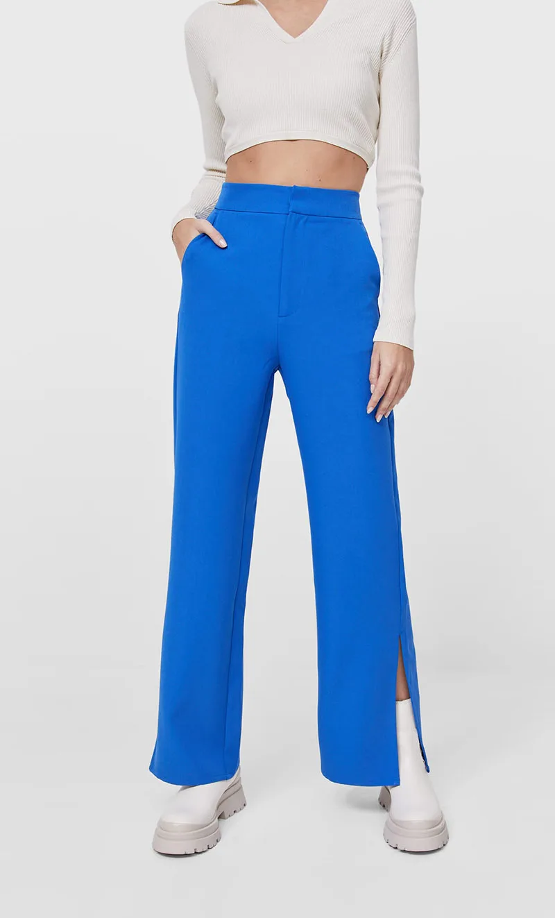 

Women High Waist Long Pants Straight Slit Solid Color Casual Zipper Fly with Pockets Ladies Spring New Wide Leg Pants