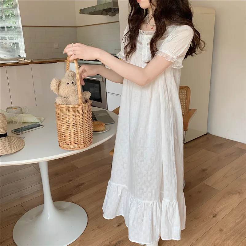 2022 Summer Pajamas for Women Cotton Night Gown Korean Style Loungewear Maxi Dresses Vintage Nightgowns Woman Sleep Dress Female