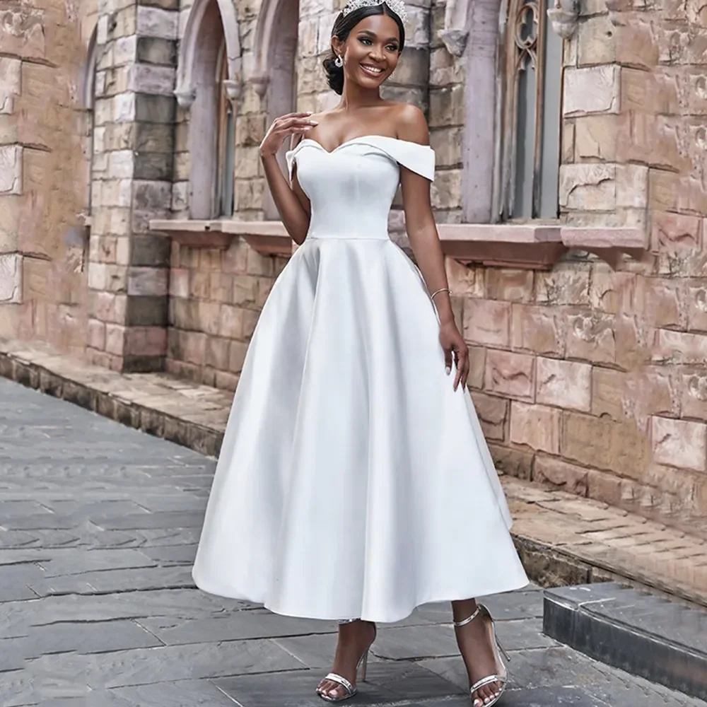 

Simple Satin Mid-Calf Wedding Dresses 2023 Off the Shoulder Short Sleeve A-Line Backless Bridal Marriage Gowns for Register