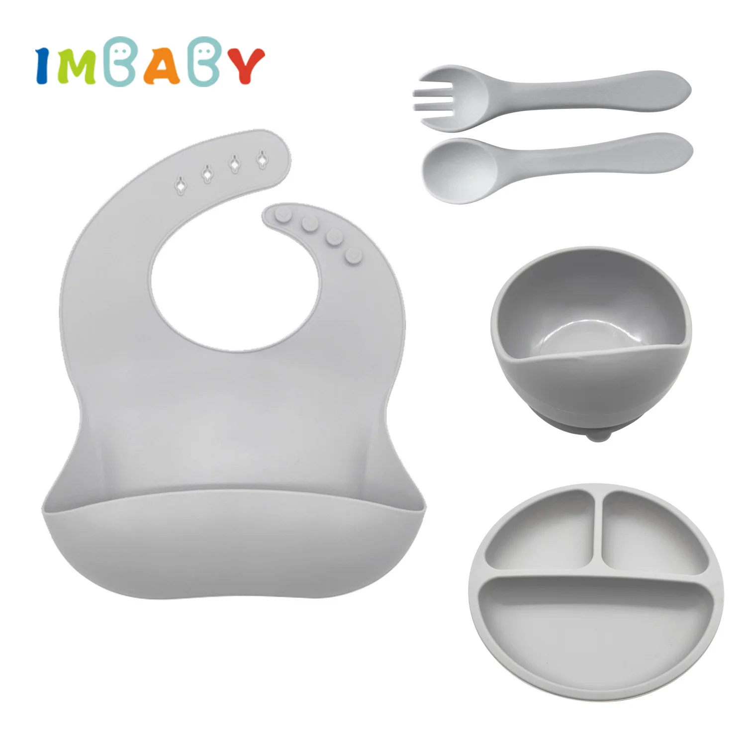 

5 PCS Baby Soft Silicone Bowl Plate Bibs Spoon Fork Sets Non-slip Tableware Cartoon Children's Feeding Dishes for Kids BPA Free