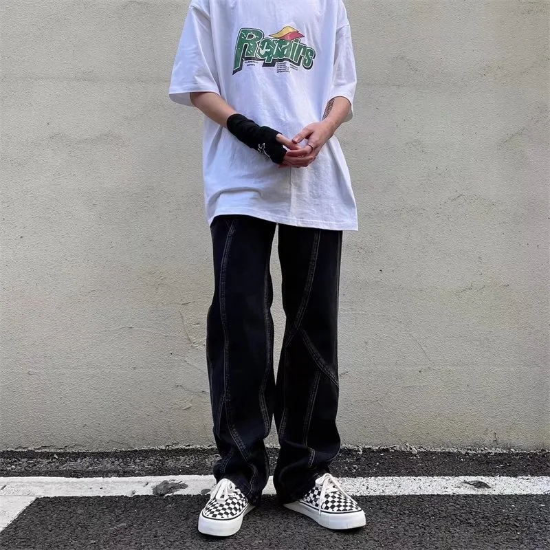 Black Baggy Jeans Men Fashion Retro Casual Wide Leg Jeans Mens Japanese Streetwear Loose Hip Hop Straight Denim Pants Men S-3XL