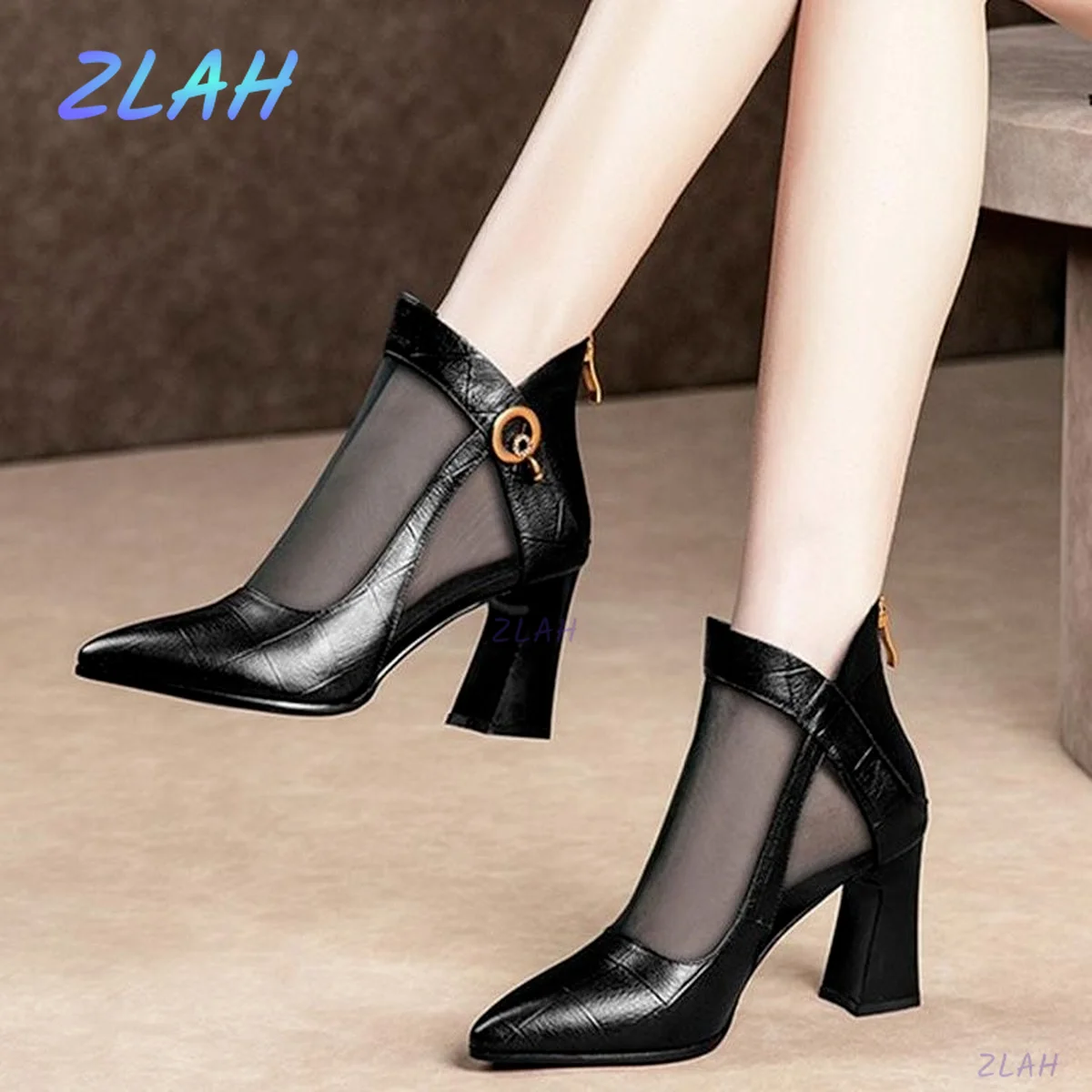 

Women's High Heel Sandals Pointed Toe Chunky Heels Zlah Buckle Mesh Ankle Boots Women's Summer Women's Sandal Boots