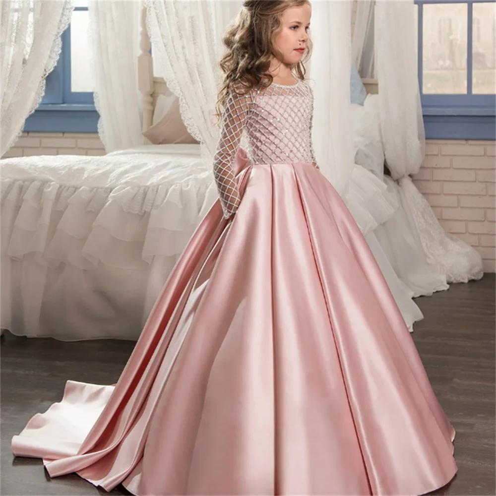 First Communion Dresses Pink Satin Lace Grid Long-sleeved Flower Girl Princess Dress Wedding Party Fantasy Kids Gift