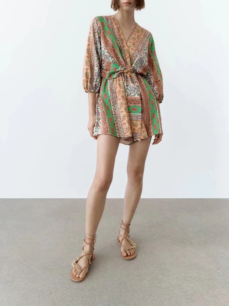 

Summer 2022 New Printed Playsuit Shorts Belt Buckles Decorated Back Buttons Slit Fashion Playsuits