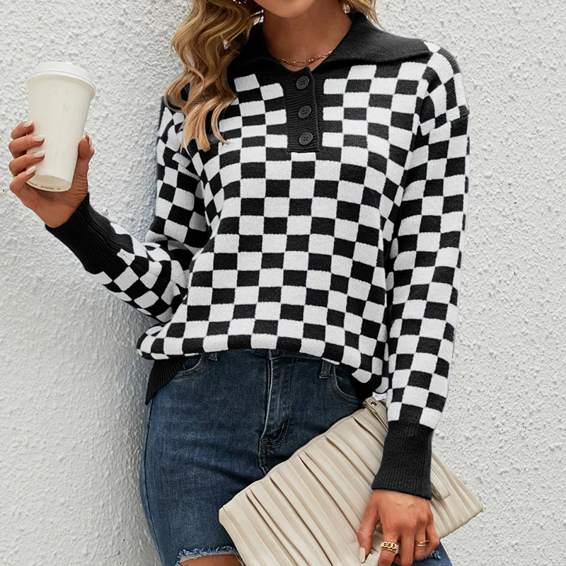 

Vintage Sweater Women Autumn Winter Outfit 2022 Long Sleeve Turn Down Collar Knitwear Contrast Color Plaid Pullover Dropshipping