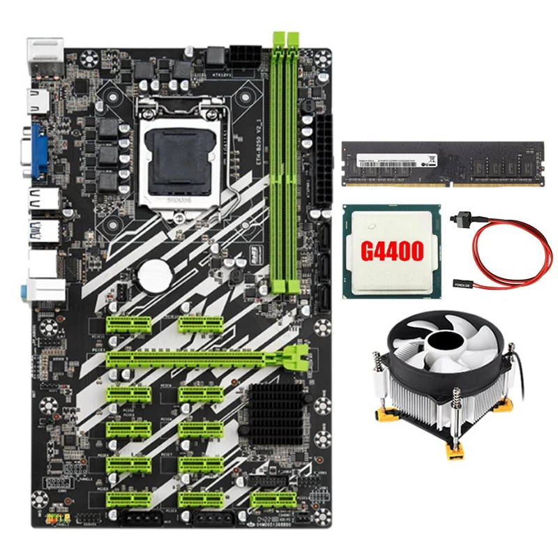 

B250 BTC Mining Motherboard with 4400CPU+8G DDR4 RAM+Fan+Switch Cable 12 PCI-E Slots LGA1151 DDR4 RAM SATA3.0 USB3.0