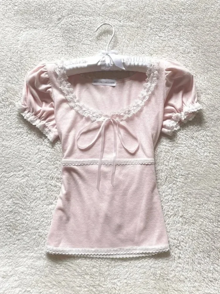 Фото Футболки Ropa Mujer, женская одежда, кружевные футболки с короткими рукавами и круглым вырезом, модная повседневная летняя футболка в Корейском стиле, каваи №4