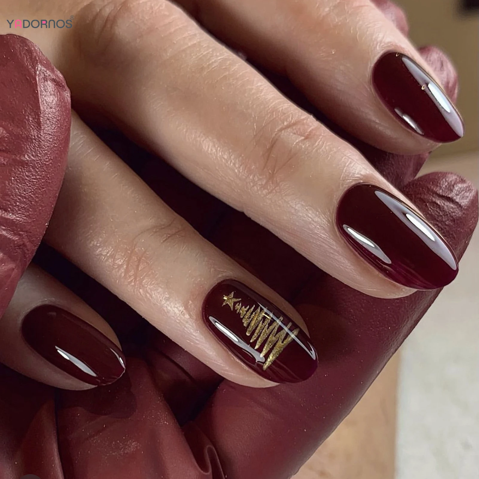 24 шт. вишнево-красные миндалевидные накладные ногти золотая рождественская елка