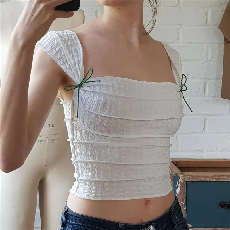 

White Ruched Square Collar Crop Tank Tops Women Y2k Aesthetic Cute Bow Kawaii Clothes Summer Streetwear Going Out Tops Mujer