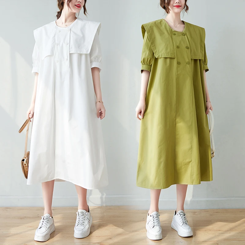 

Green Ruffle Dress Women's Summer Loose Fashion Navy Collar Thin Medium Length Skirt