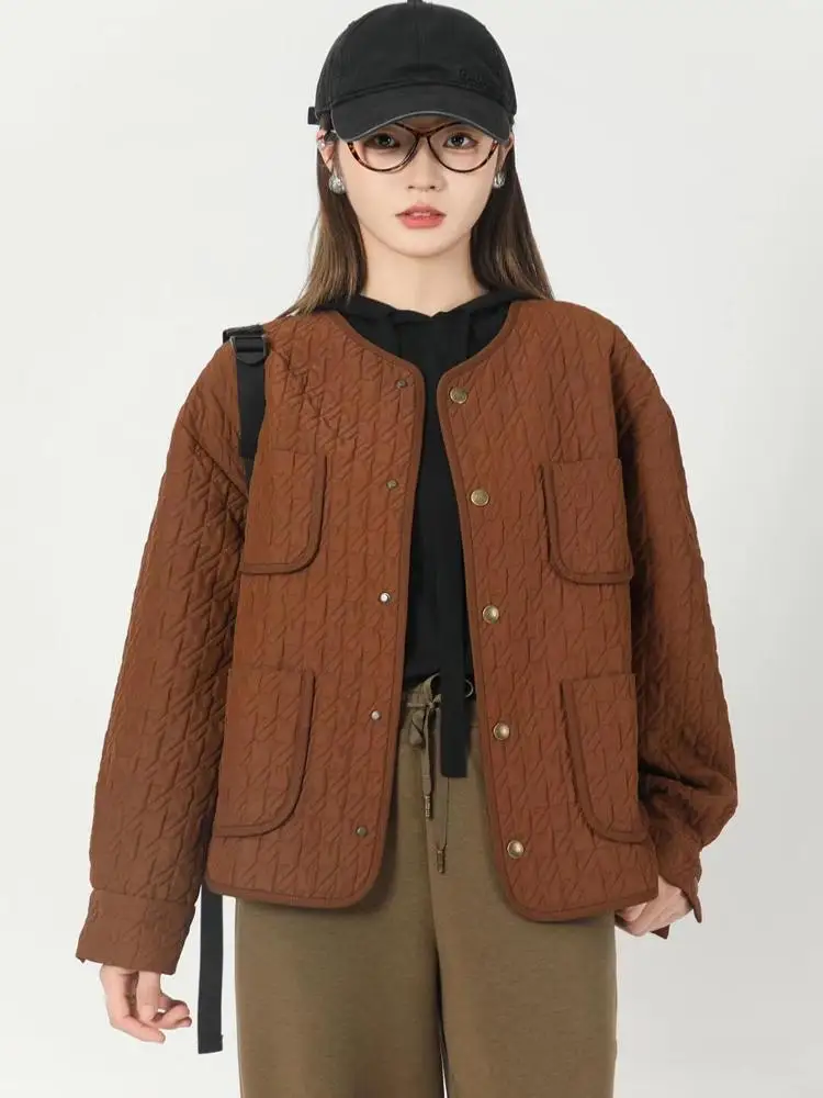 Girdear Amashi Zheng 2024 осенне-зимняя одежда с карманами и круглым вырезом хлопковая