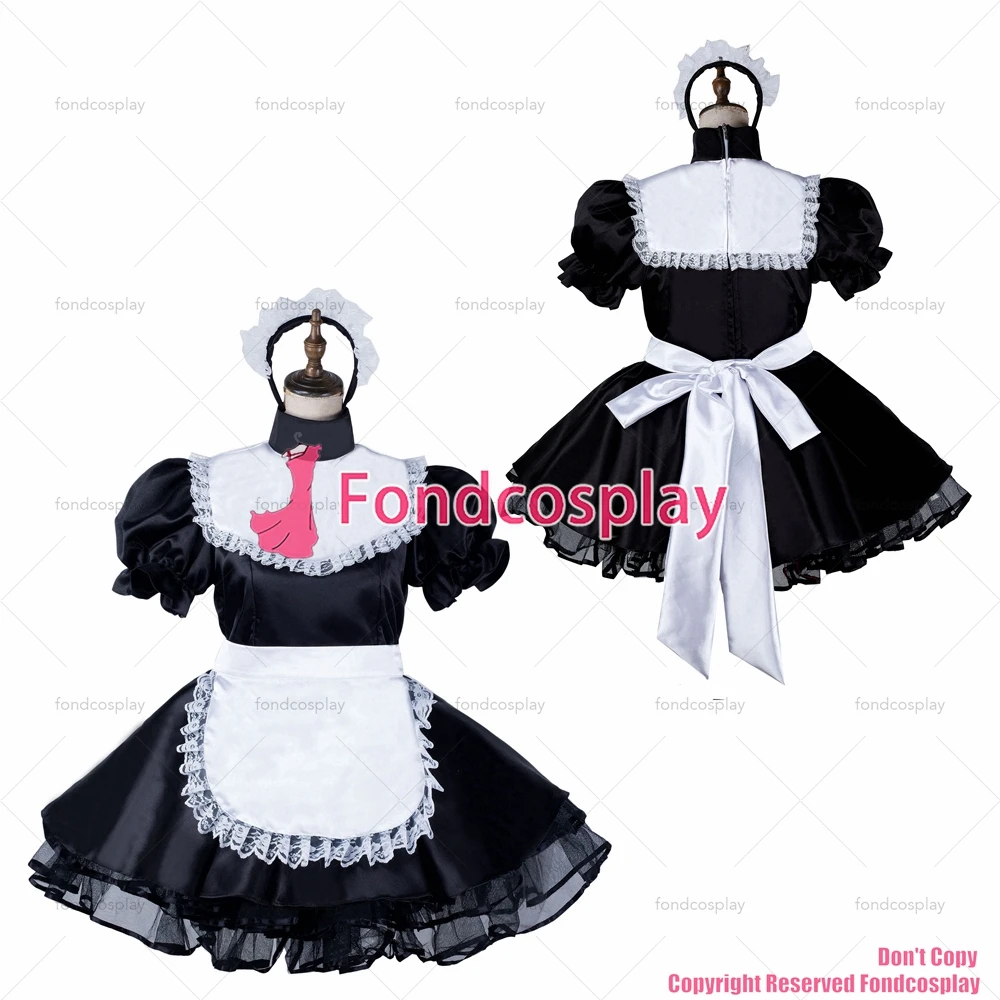 

fondcosplay adult sexy cross dressing sissy maid short black satin dress lockable Uniform white apron costume CD/TV[G2173]