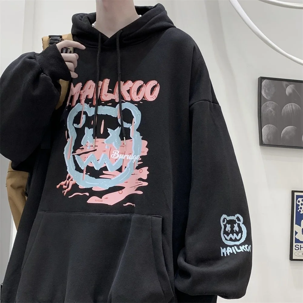 

Hybskr Letter Devil Print Men Hoodies Autumn Winter Male Casual Loose Hooded Sweatshirt Korean Style Streetwear Unisex Pullover