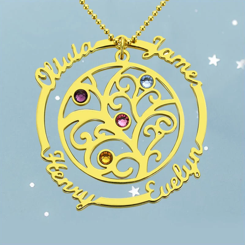 

Family Tree of Life Necklace Custom Name Birthstones Pendants Silver 925 Chain Vintage Necklaces Jewelery for Mom Grandmother