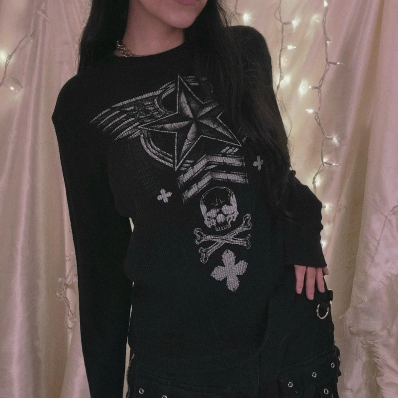 

E-girl готические эстетические футболки Y2K, винтажные Звездные черепа, графический принт, фотография, темная академия, гранж, торговый центр, готические пуловеры