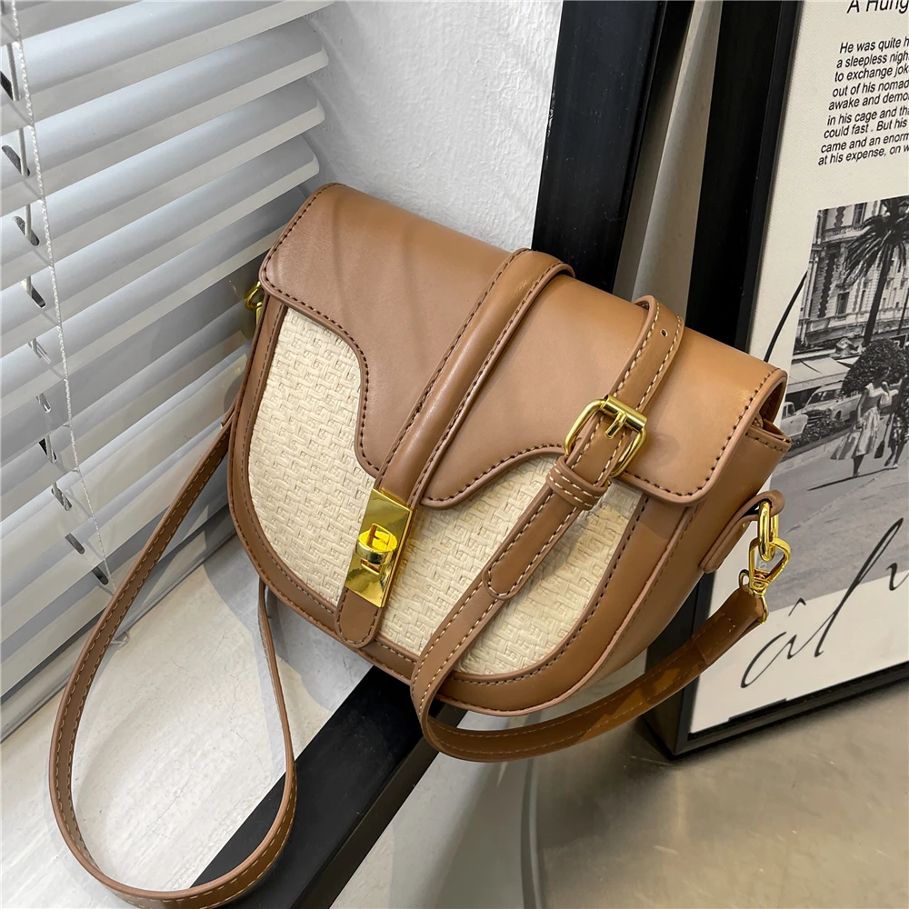 

Burminsa Vintage Saddle Small Shoulder Crossbody Bags For Women Patchwork Straw Brand Designer Twist Lock Ladies Handbags 2022