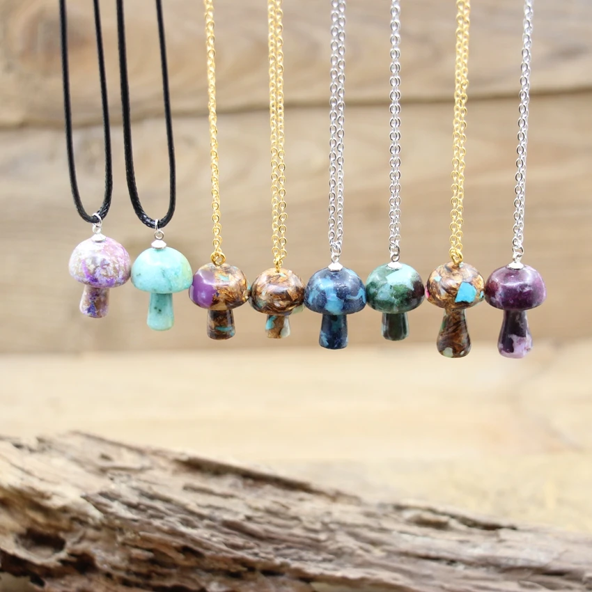 

Reiki Healing Imperial Jaspers Mushroom Pendants,Colourful Natural Emperor Stone Gems Charms Necklace Women Boho Jewelry,QC3283