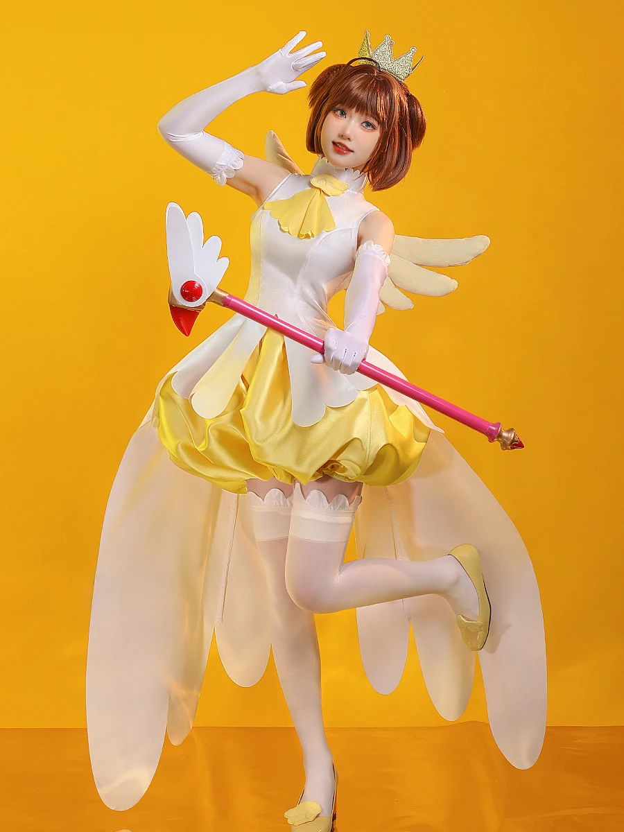 

Аниме карточка Captor Kinomoto Sakura Косплей Костюм желто-белый боевой костюм высокое качество женская одежда размеры Φ Новинка