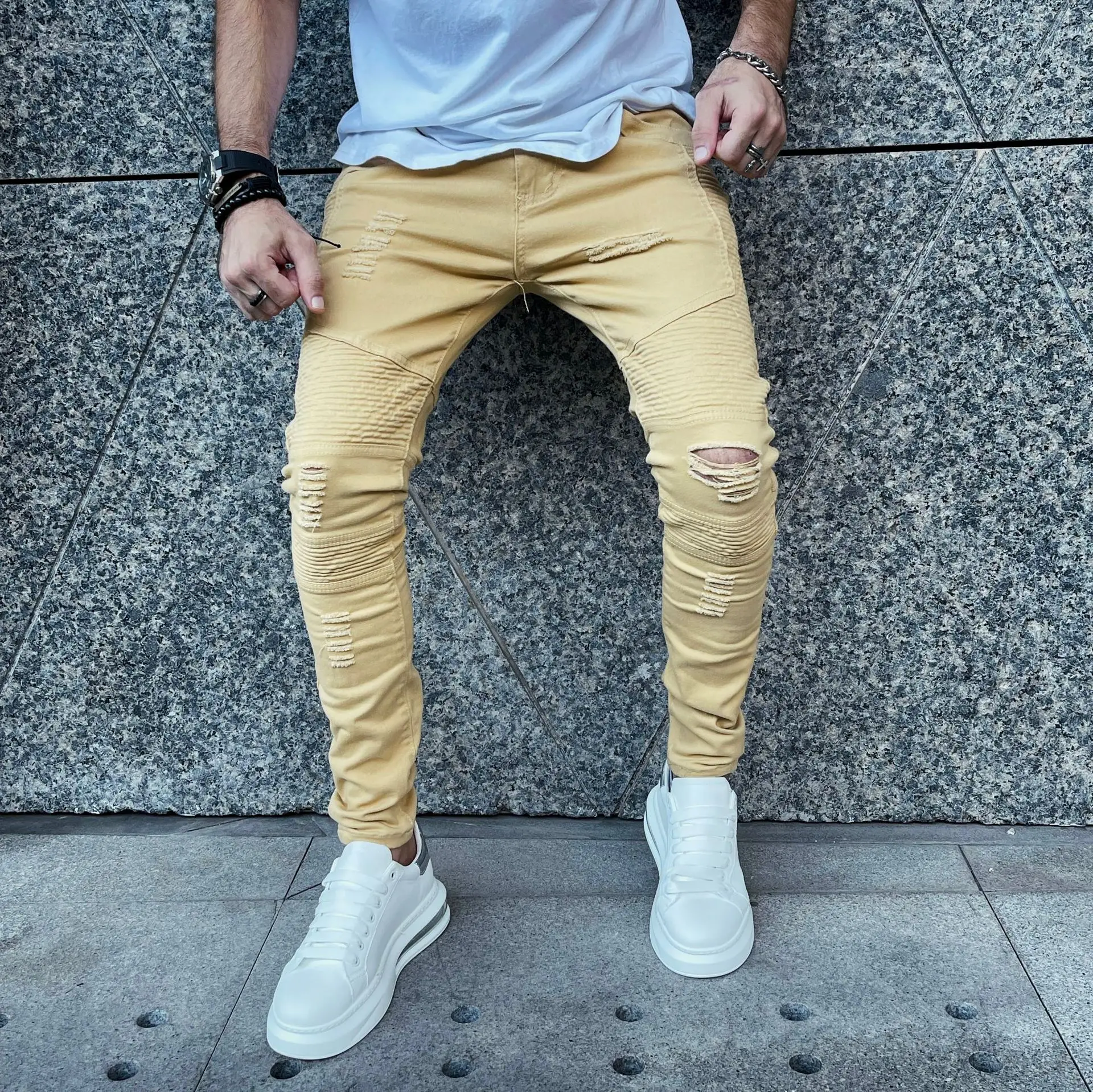 

Personality Fashion Folded Slim Motorcycle Jeans Men's Casual Stretch Skinny Denim Pants Male Small Feet Ripped Cowboy Trousers