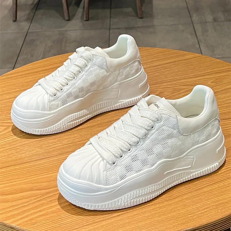 

Leather Small White Shoes Hollow Chessboard Breathable Mesh Shoes Sponge Cake High Plate Shoes Shell Head Women's Shoes