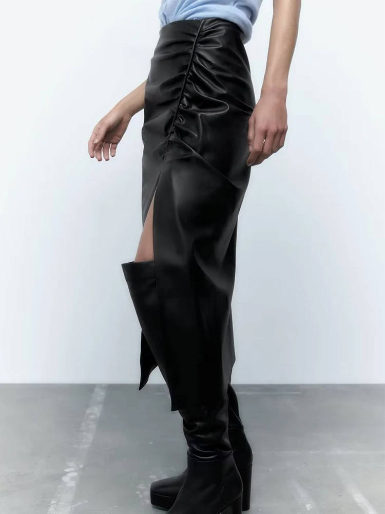 

TRAF New 2022 Spring Autumn Women PU Leather Skirts High Waist Hip Pleated Skirt Female Front Split Zipper Midi Pencil Skirt