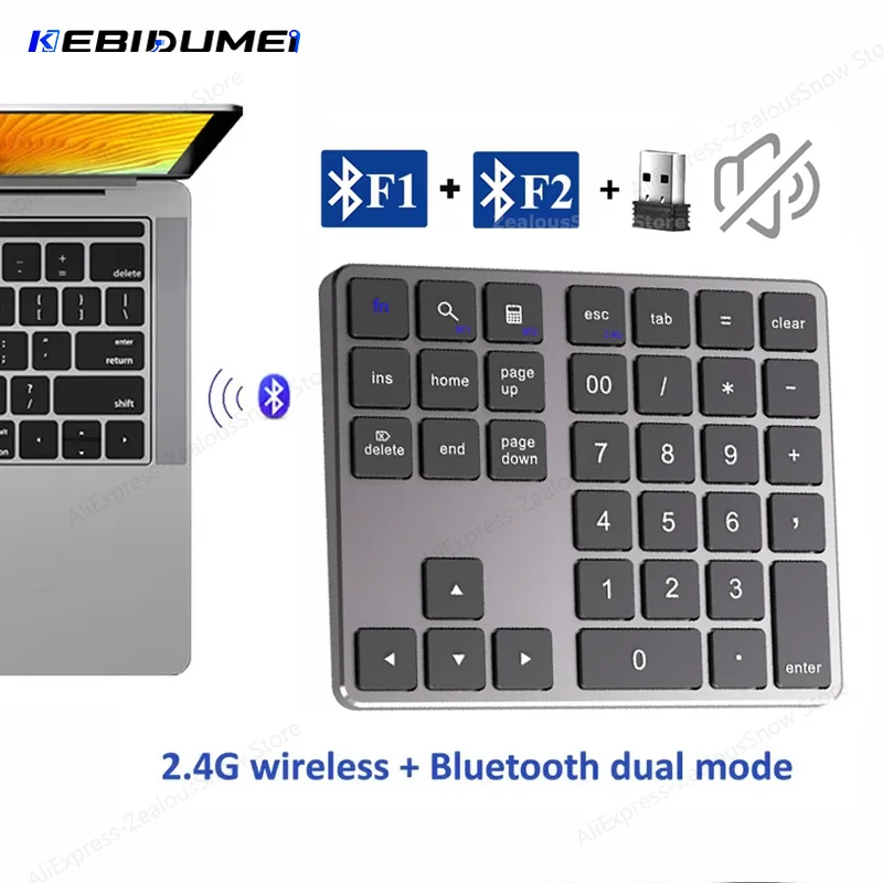 Фото Цифровая клавиатура KEBIDUMEI, 2,4G, двухрежимная беспроводная клавиатура, Bluetooth-клавиатура, цифровая клавиатура, аккумулятор 300 мАч, перезаряжаемая цифровая клавиатура №1