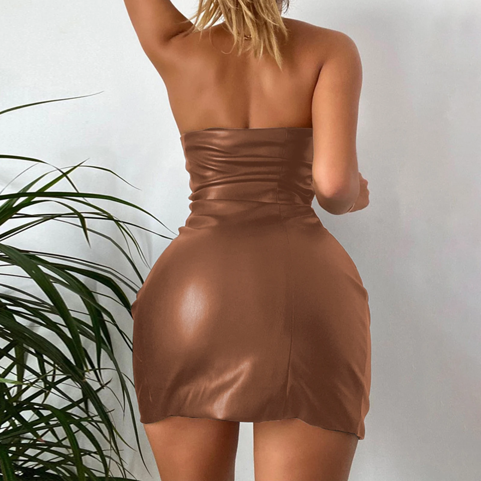 

Summer Plain Color Dress Temperament Women Sexy Beauty Dress PU Leather Breathable European Simple Casual for Cocktail Party