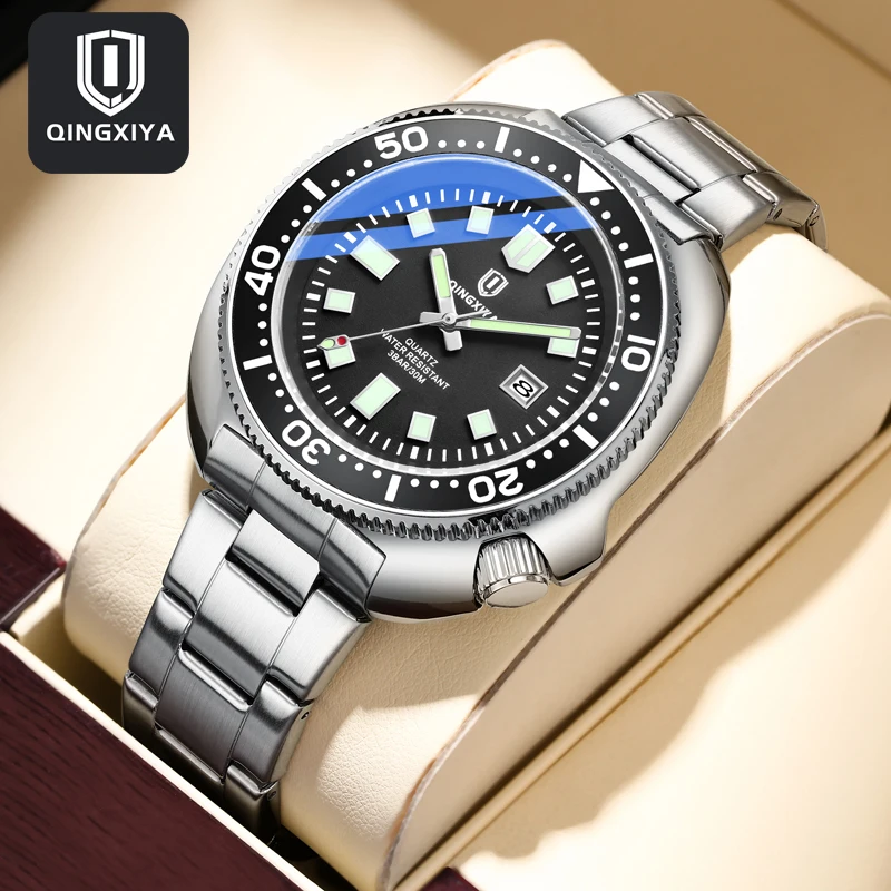 QINGXIYA новые спортивные кварцевые часы для мужчин из нержавеющей стали