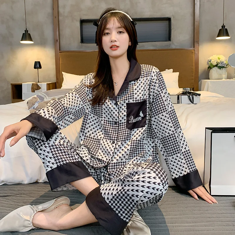 

Ice Silk Pajamas for Women Fashion Print Plaid Two Piece Set Pyjamas Lady Casual Homewear with Pocket Luxury Pjs Set Loungewear