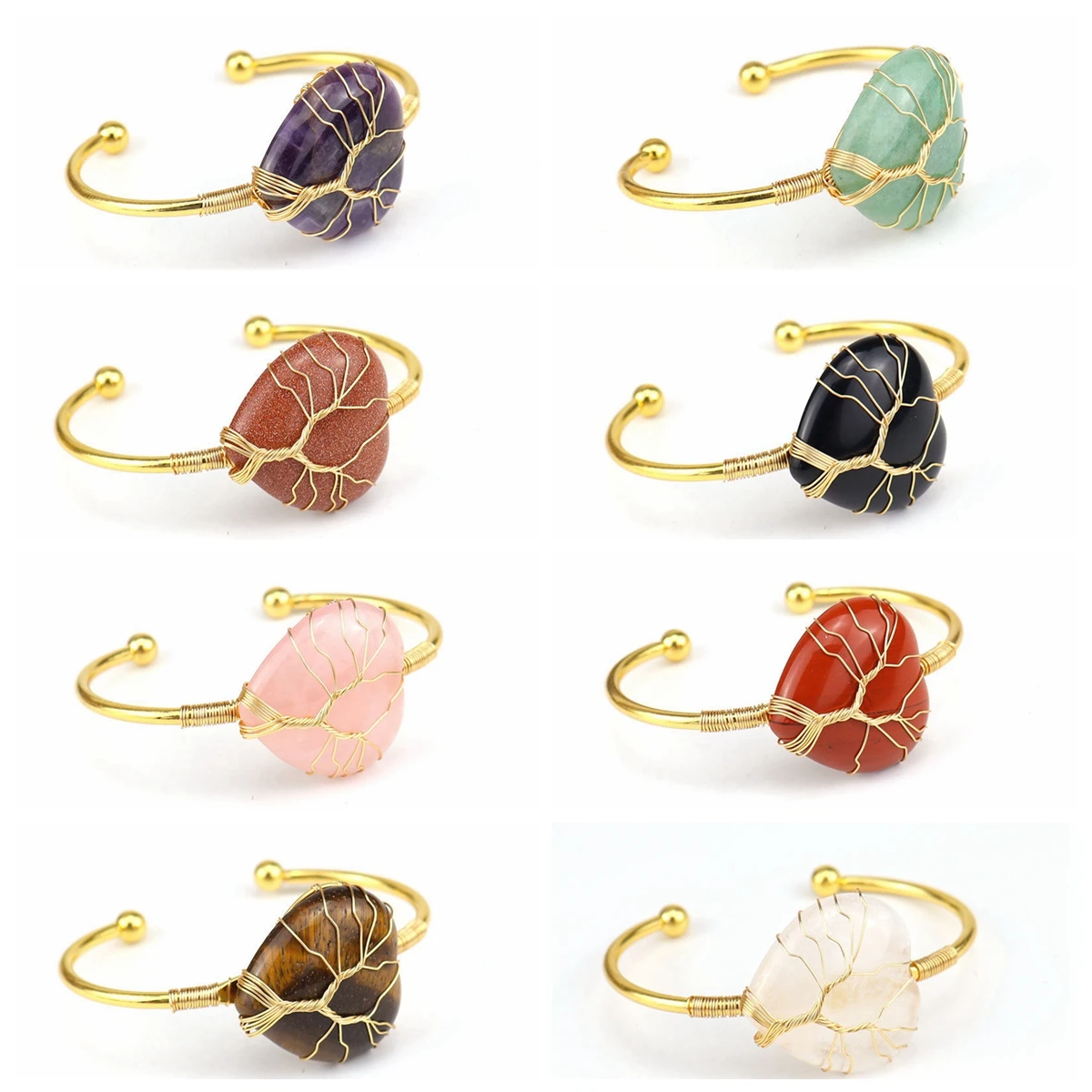 

6PCS Natural Semi Precious Stone Heart Cuff Bracelet Handmade Woven Lift of tree Healing Chakra Friendship Bangle Jewelry Charm