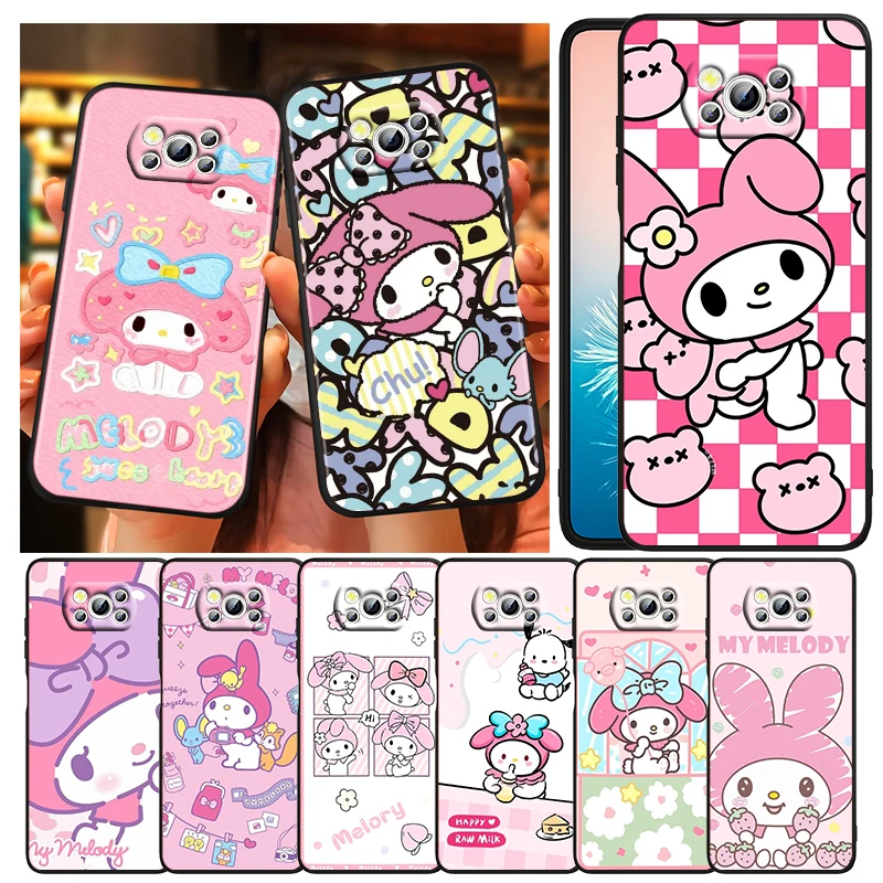 

Sanrio Melody Cartoon Cute Phone Case For Xiaomi Mi Poco X5 X4 X3 NFC F4 F3 GT M5 M5s M4 M3 Pro C55 C50 C40 5G Black TPU Cover
